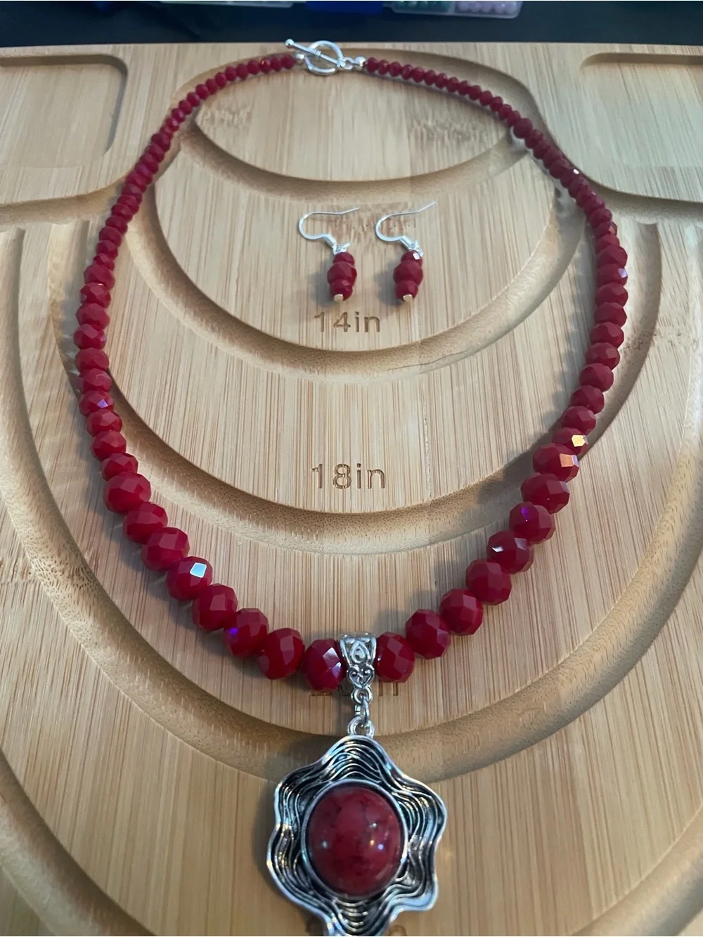 Red Beaded Necklace and Earrings Set with Silver Flower Pendant